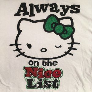 'Always on the Nice List' HELLO KITTY Christmas T-shirt, White Green Red, XXL